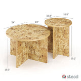 Burl Wood Round Nesting Coffee Tables - Modern Living Room Furniture - Organic Modern Drink Desk - Stylish Home Decor - 2 Piece Tables Set - Burl Top and Base Stead