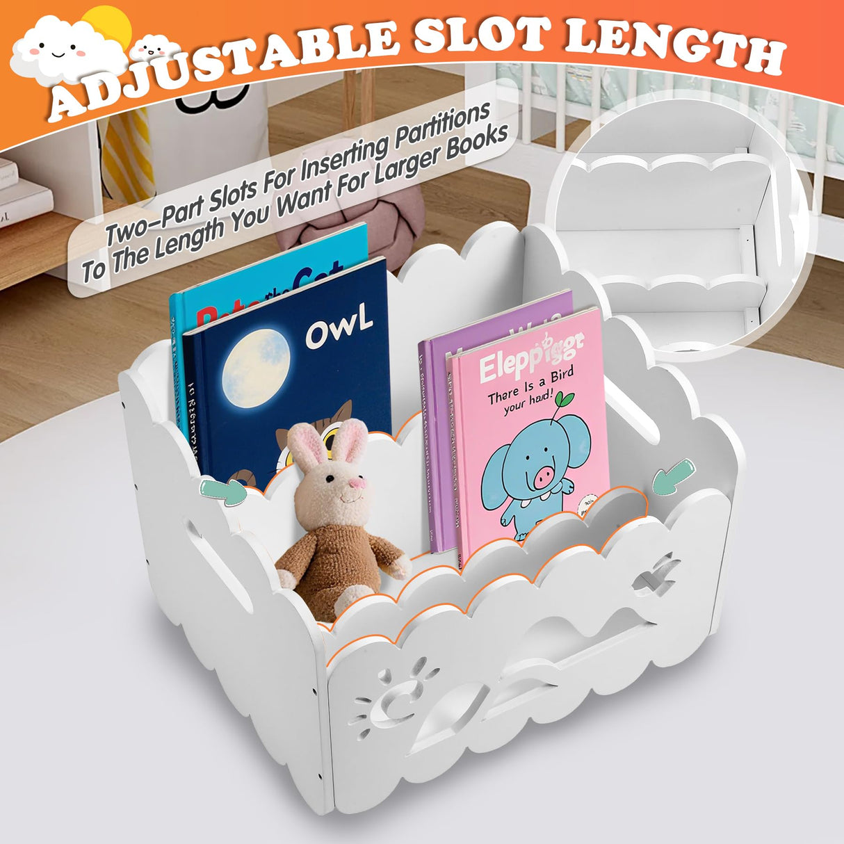 Calmbee Wooden Kids Bookshelf with 2 Adjustable Dividers, Montessori Bookshelf with Animal Carvings for Nursey Room Classroom Playroom, Toy Storage Oragnzier, for Your Baby´s Bedroom, White Calmbee