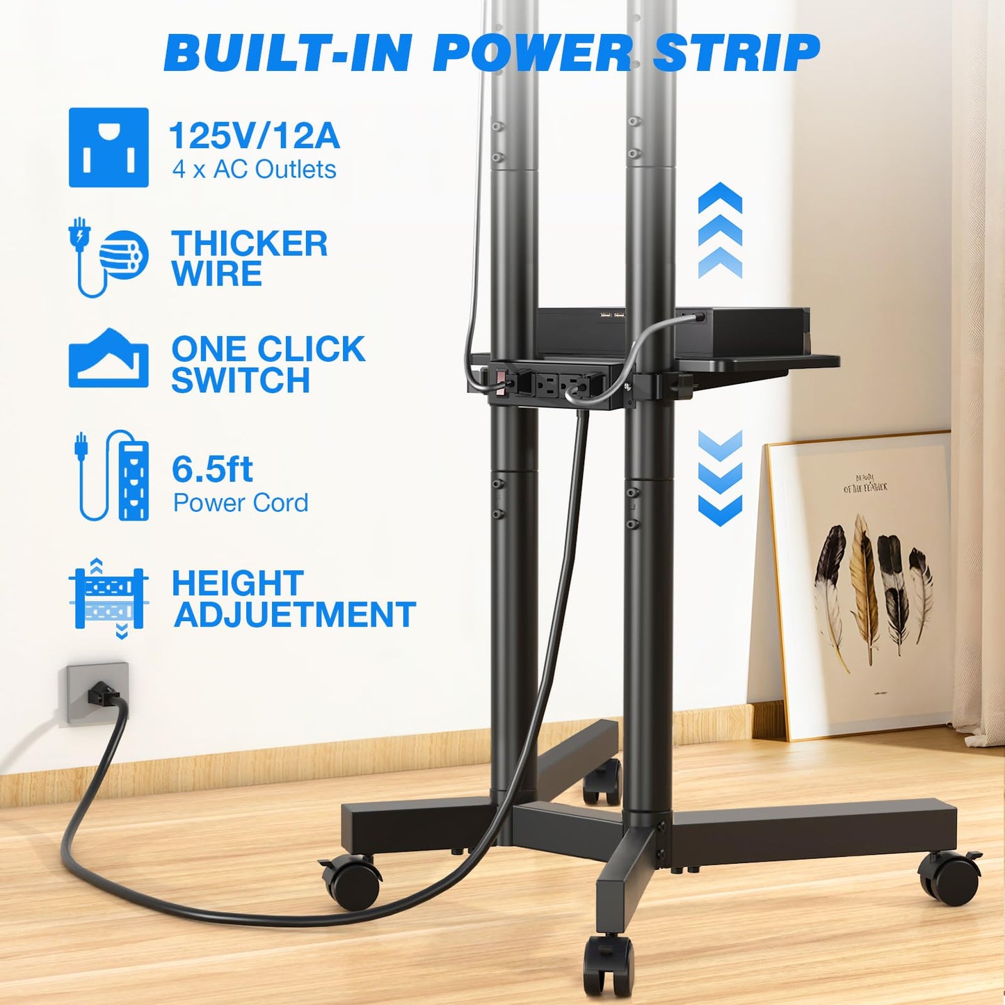 Rfiver Mobile TV Cart Rolling TV Stand with Power Outlet for 32-70 Inch Screens, Protable TV Stand on Wheels with Height Adjustment, Outdoor TV Stand Mount with Shelf Holds up to 88lbs for Home Office