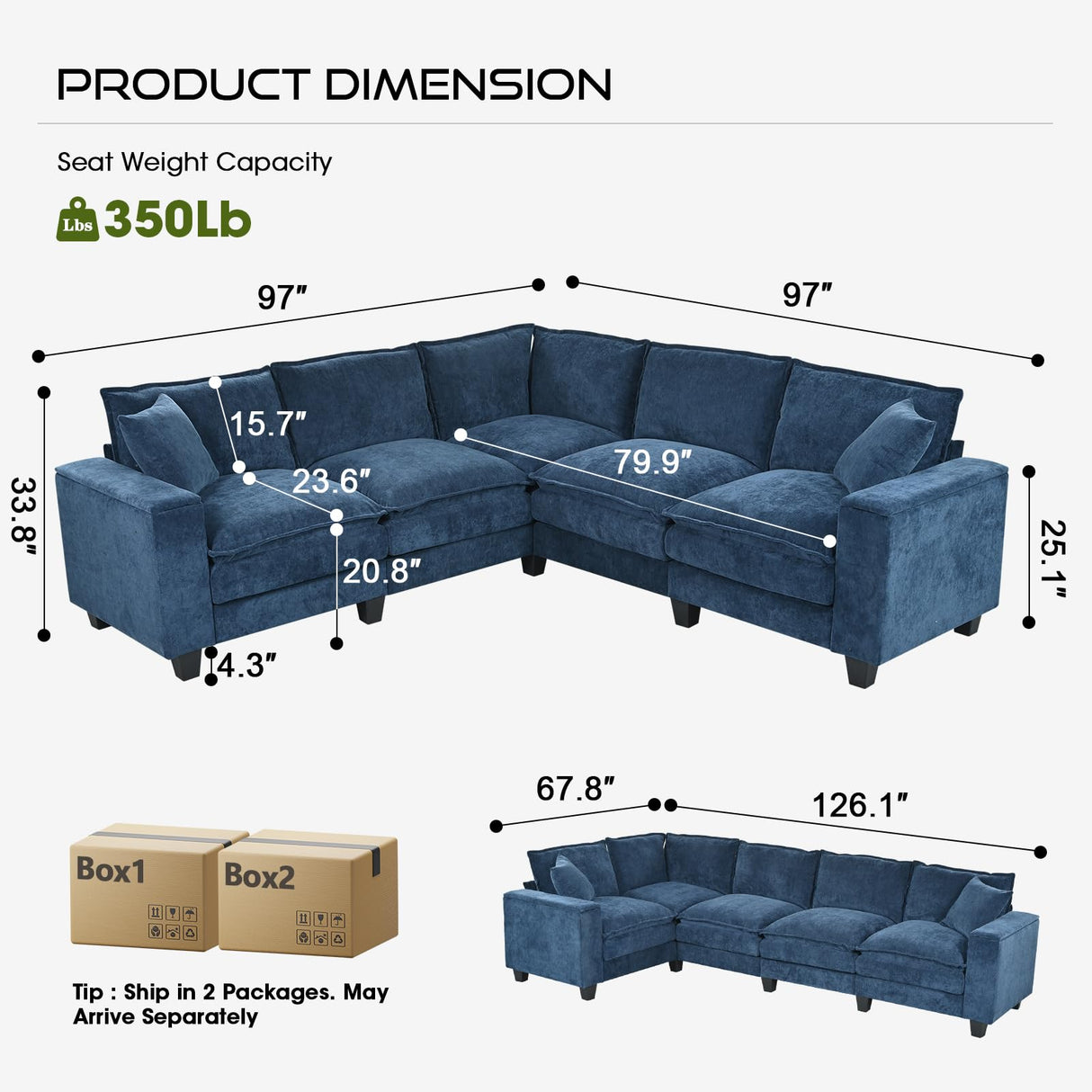 Kvutx 97" 5 Seater L Shaped Couch Corner Sofa, Oversized Cloud Couch with 2 Pillows Chenille Modular Sectional Sofa Armrests with Two Hidden Storage Space Sectional Couches for Living Room Dark Blue Kvutx