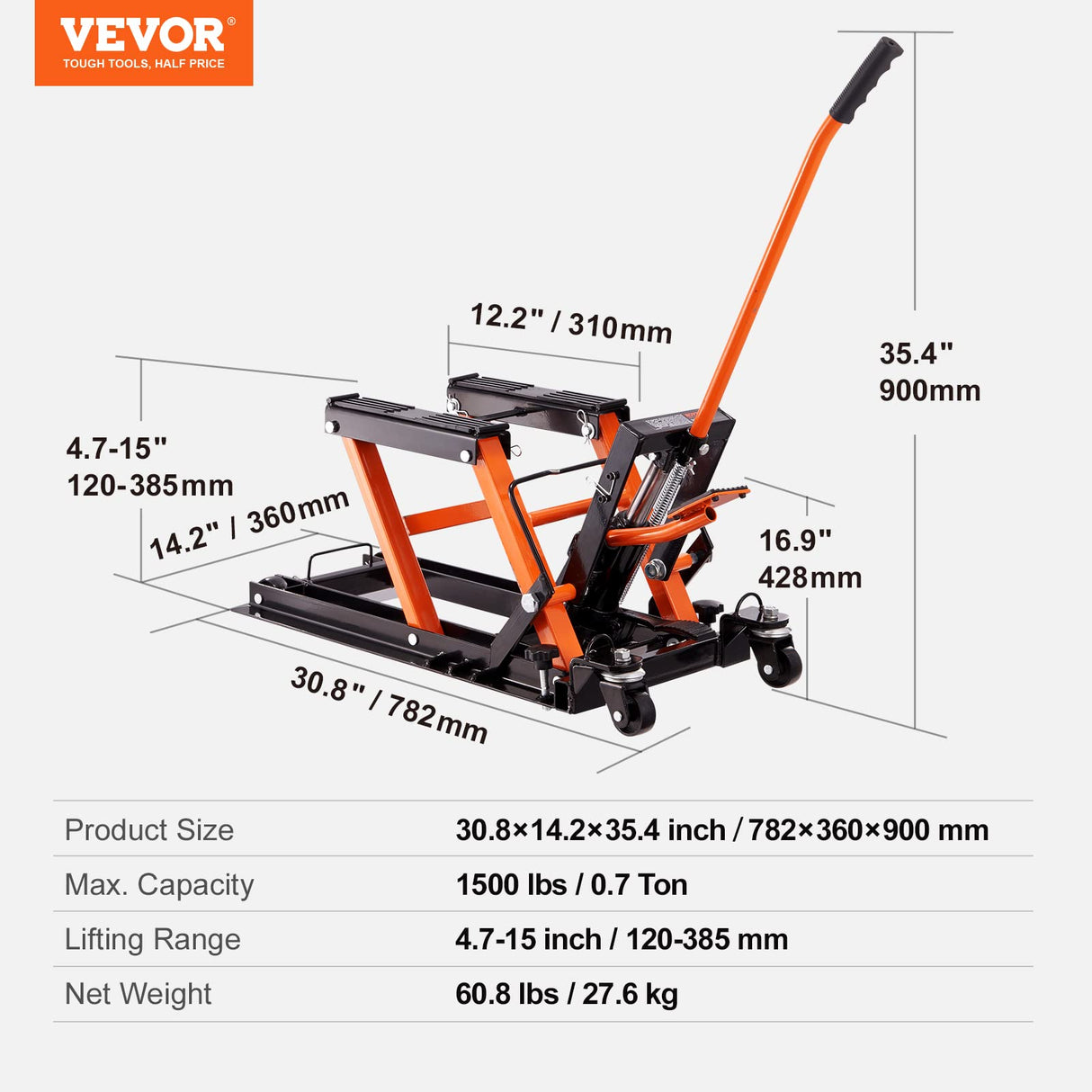 VEVOR Hydraulic Motorcycle Lift Jack, 1500 LBS Capacity ATV Scissor Lift Jack, Portable Motorcycle Lift Table with 4 Wheels, Hydraulic Foot-Operated Hoist Stand for Motorcycle ATV UTV Powersports VEVOR