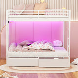 IKIFLY Full Over Full Bunk Beds with 2 Storage Drawers, Heavy Duty Metal Bunk Bed with LED Lights and Charging Station, Safety Guardrail & 2 Ladders, Space-Saving, No Box Spring Needed, White IKIFLY