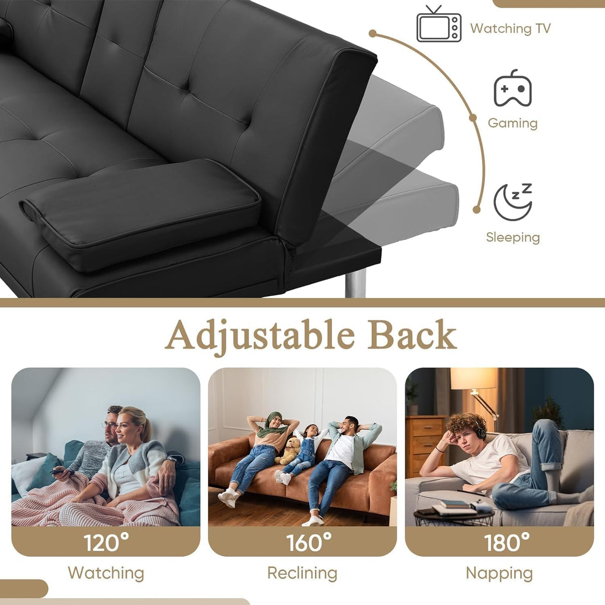 Anwickmak Convertible Futon Sofa Bed,PU Leather Modern Couch Loveseat Sleeper, Folding Daybed Guest Bed, Removable Armrests, 2 Cup Holders, Metal Legs (Black) Anwickmak