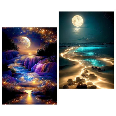 Mowana 2 Pack Moon Beach Diamond Art Kits for Adults – Moonlight Diamond Painting on Canvas, Landscape & Moonwaterfall Relaxing 5D DIY Diamond Art Painting Kit Wall Decor 12x16inch