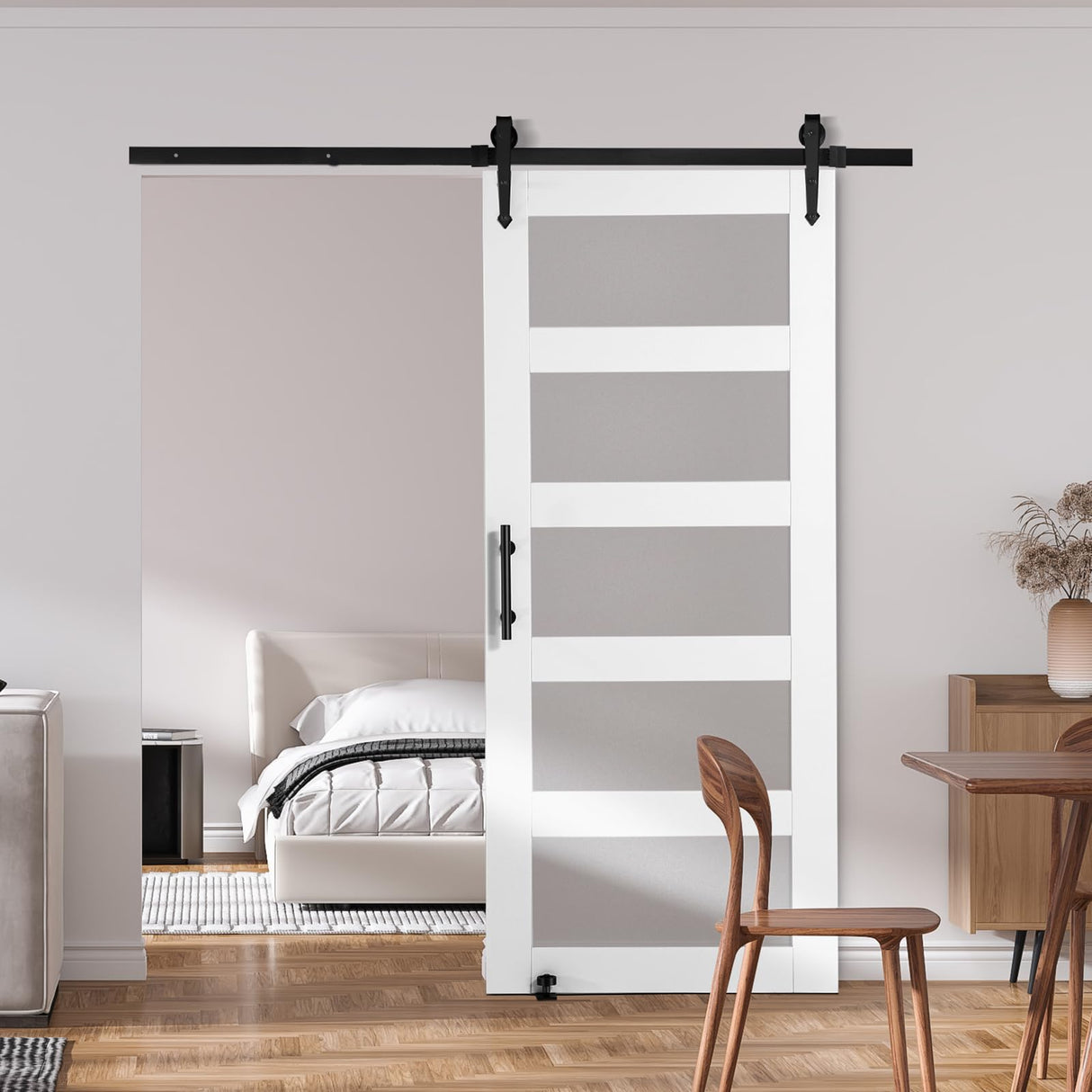 VEVOR 36x84 Inch Glass Barn Door with 6.6ft Sliding Door Hardware Kit Included, 5 Frosted Glass, Water-Proof & Scratch-Resistant Solid Wood, Pre Drilled Easy Assembly with Handle & Floor Guide, White VEVOR