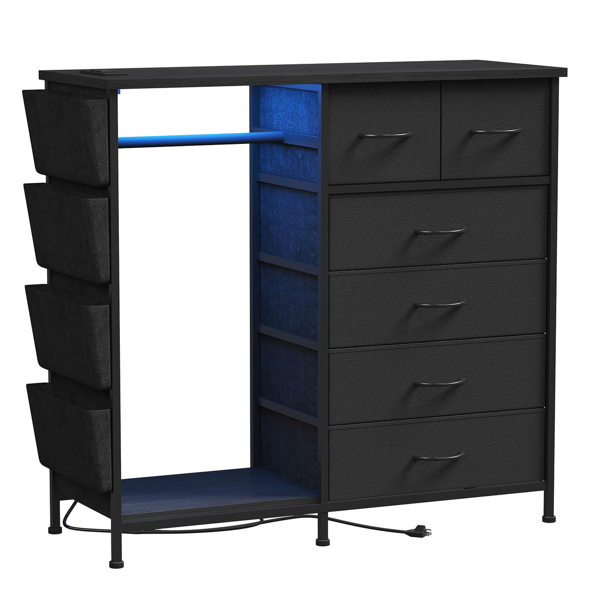 WODRAWER 6 Drawer Dresser for Bedroom with Clothes Rack, Clothes Dresser with Side Pockets and Hooks, Charging Station & LED Lights, Wooden Top, Fabric Storage (Black) WODRAWER