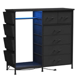WODRAWER 6 Drawer Dresser for Bedroom with Clothes Rack, Clothes Dresser with Side Pockets and Hooks, Charging Station & LED Lights, Wooden Top, Fabric Storage (Black) WODRAWER