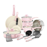 GreenLife Soft Grip 16 Piece Cookware Set, Non-Toxic PFAS-Free Ceramic Nonstick, Frying, Sauce, Saute, Utensils, Glass Lids, Stay-Cool Handles, Wobble Free, Dishwasher & Oven Safe, Soft Pink GreenLife