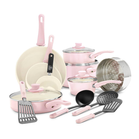 GreenLife Soft Grip 16 Piece Cookware Set, Non-Toxic PFAS-Free Ceramic Nonstick, Frying, Sauce, Saute, Utensils, Glass Lids, Stay-Cool Handles, Wobble Free, Dishwasher & Oven Safe, Soft Pink GreenLife