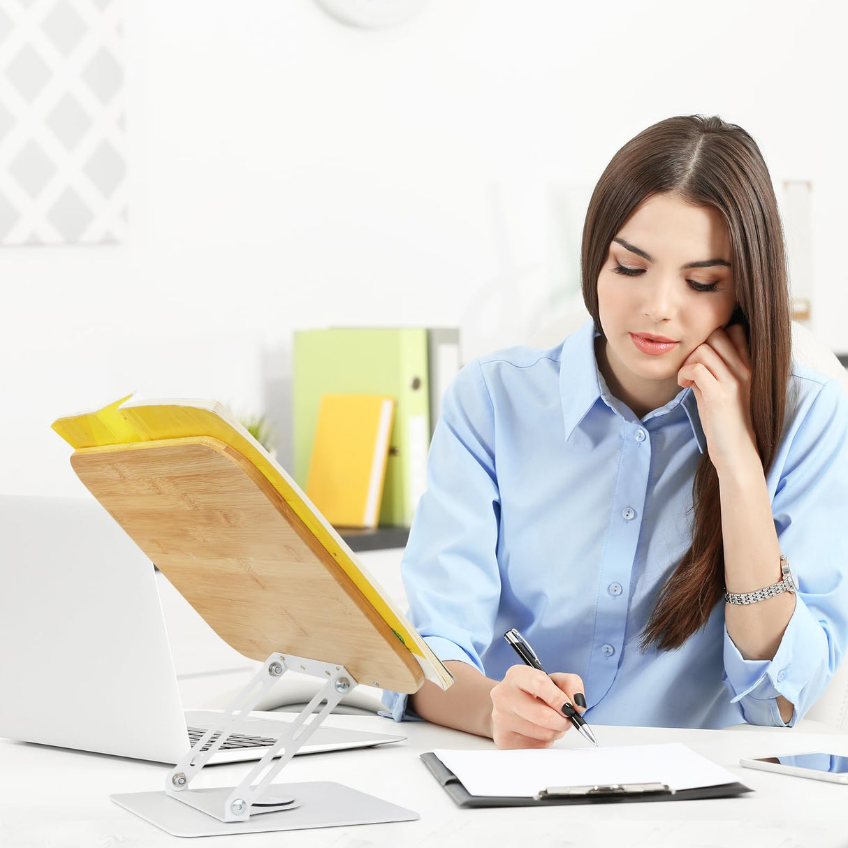 Book Stand for Reading Large Book Holder with 360° Rotating Base, 15.4"x11" Cookbook Stand Desktop Holder with Book Light, Foldable Desktop Stand for Textbook, Recipe, Laptop, Sheet Music FLINKYE