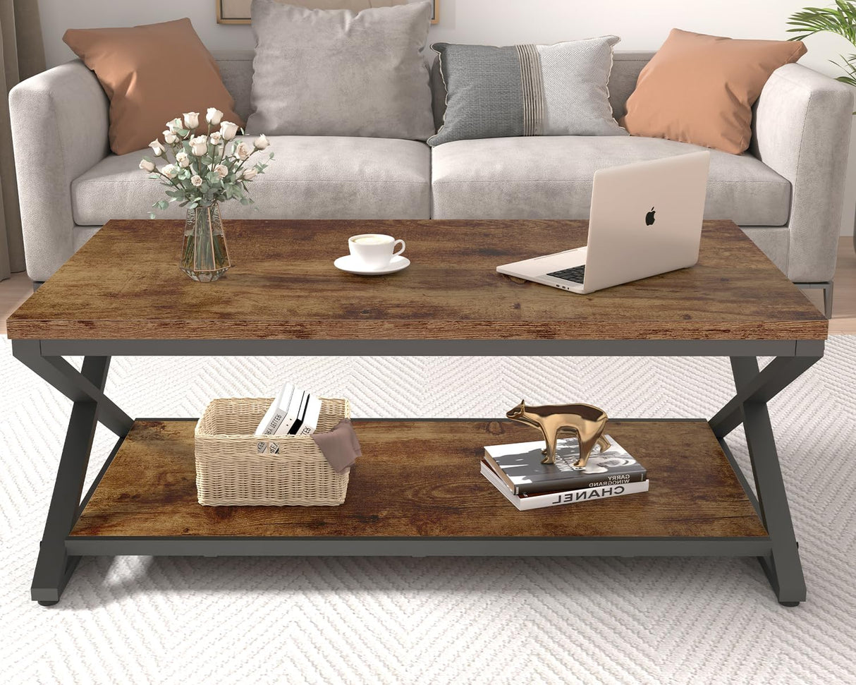 HSH Wood Coffee Table with Storage, Farmhouse Rustic Brown Coffee Table for Living Room, Modern Minimalist 2 Tier Center Table, Simple Rectangle Cocktail Tea Table in Home Office Bedroom, 39 Inch HSH