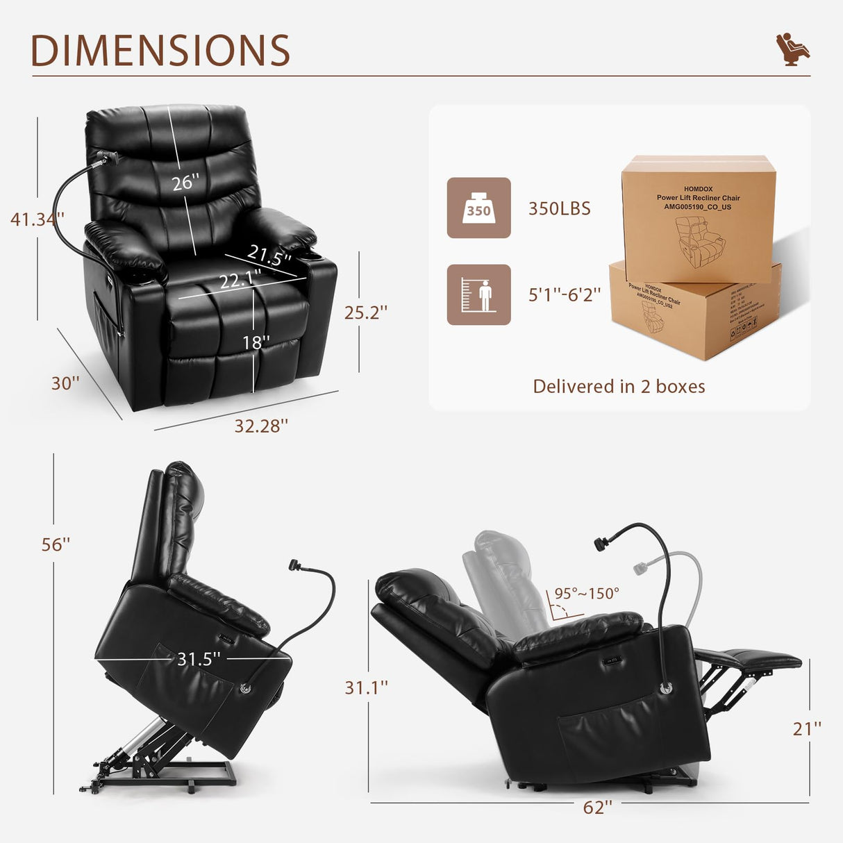 Himimi Power Lift Recliner Chair for Elderly, Adjustable Electric Recliner with 8-Point Vibration Massage, Lumbar Heating, Remote Control, Cup Holders, USB & Type-C Ports (Black) Himimi