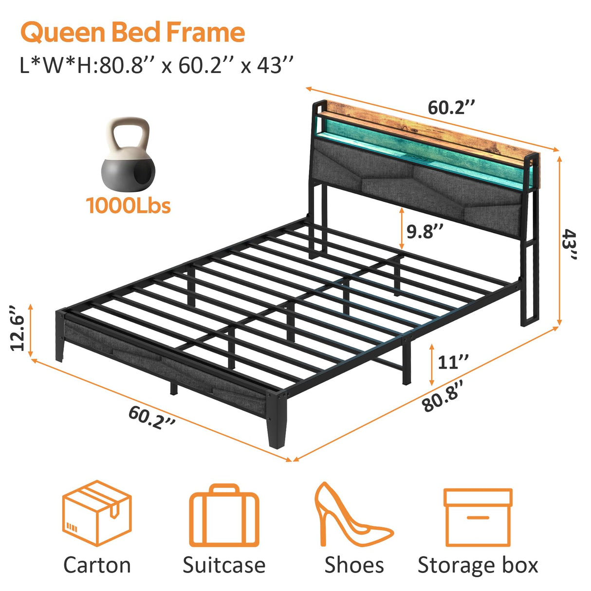 Winkalon Queen Bed Frame, Storage Headboard with Charging Station,Platform Bed Frame with RGB Lights, Solid and Stable, Noise Free, No Box Spring Needed, Easy Assembly,Gray Winkalon