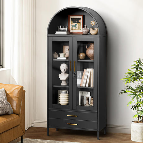 Holiwei Metal Storage Cabinet, 73" Arched Kitchen Pantry Organizer with 2 Drawers & 2 Adjustable Shelves, Freestanding Display Cabinet for Living Room Holiwei