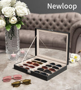 NEWLOOP Sunglass Organizer for Women Men - Multiple Pair of Sunglasses Storage Box Eye Glass Watch Leather Display Case with 10 Slots Black NEWLOOP
