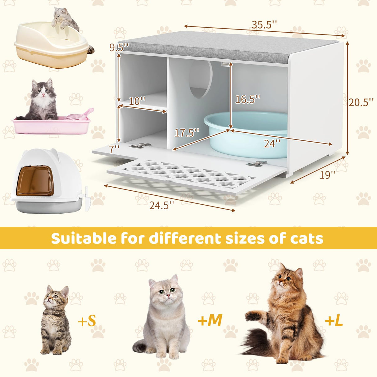 Tangkula Cat Litter Box Enclosure, Hidden Litter Box with Removable Cushion & Flip-Down Opening, Multifunctional Storage Cabinet Bench, Modern Litter Box Furniture Fits Most Litter Box (White) Tangkula