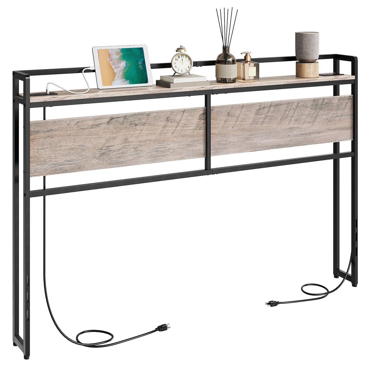 HOOBRO Full Size Headboard, Headboard with 2 Outlets and 4 USB Ports, Adjustable Height, Storage Rack, Sturdy and Stable, Easy Assembly, Greige and Black HOOBRO