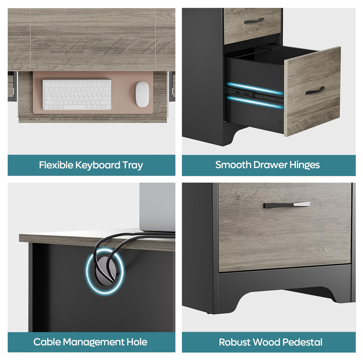 Bestier 59” Computer Desk with 4 Drawers, Office Desk with Storage, Industrial Executive Desk with File Drawer, Keyboard Tray & 2 Pedestals on Both Sides for Home Office & Studio, Grey Bestier