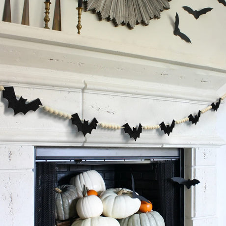 DAZONGE Halloween Decorations Indoor/Outdoor, Wood Halloween Felt Bats Bead Garland Banner for Halloween Decor, Farmhouse Halloween Decorations for Fireplace Mantle Walls DAZONGE