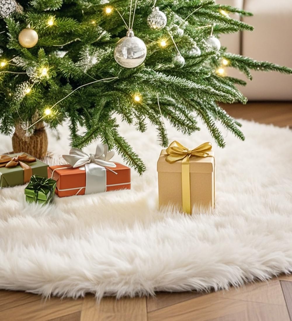 Multiwins 48 Inch Faux Fur Christmas Tree Skirt, Fluffy Plush Skirt for Christmas Tree, White Christmas Tree Rug Skirt Perfect for Christmas Party Decorations multiwins