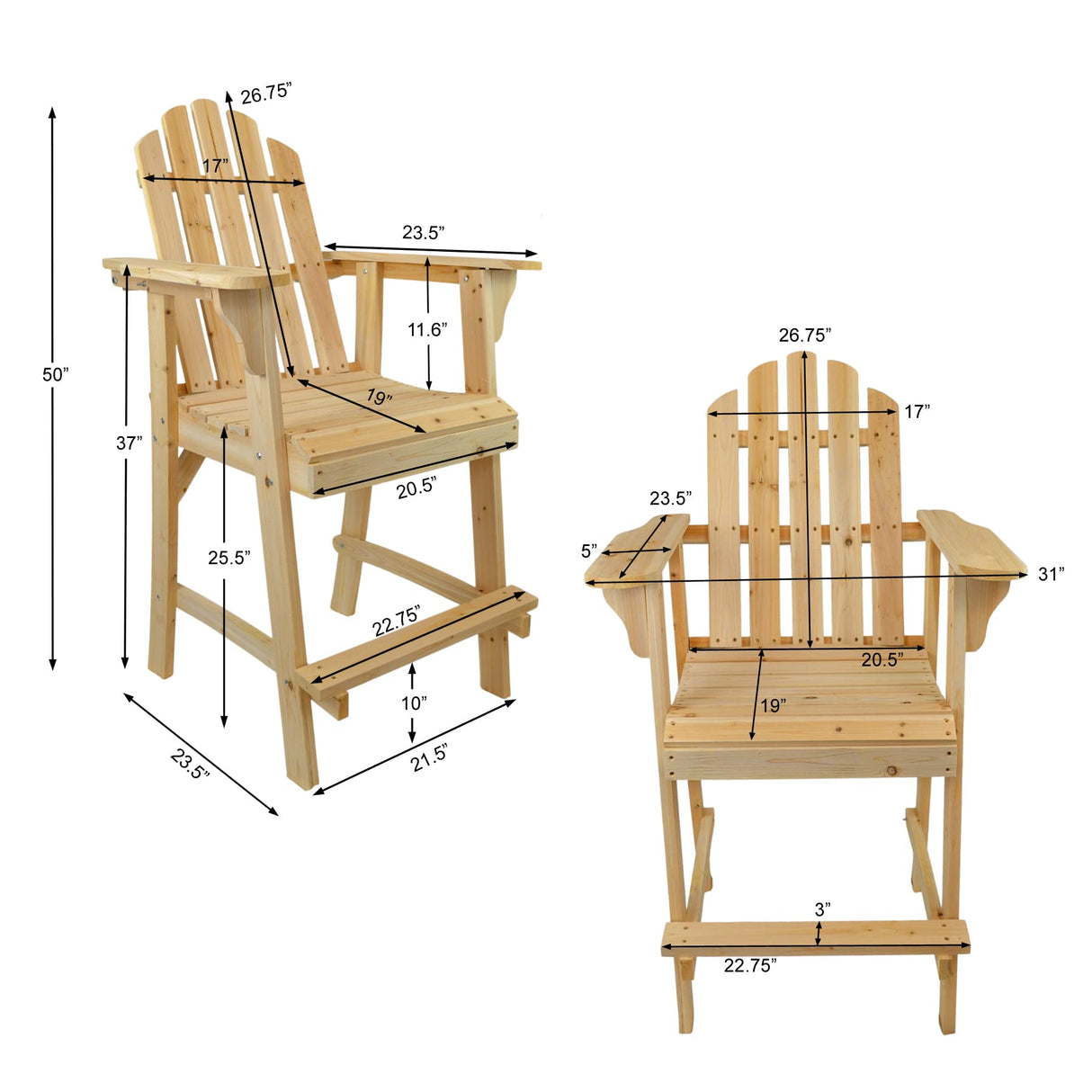 Ready-to-Finish Balcony Tall/Counter High Adirondack Chair with Footrest for Outdoor Outside Garden - Unfinished Natural Wood Bar Chair Westcharm