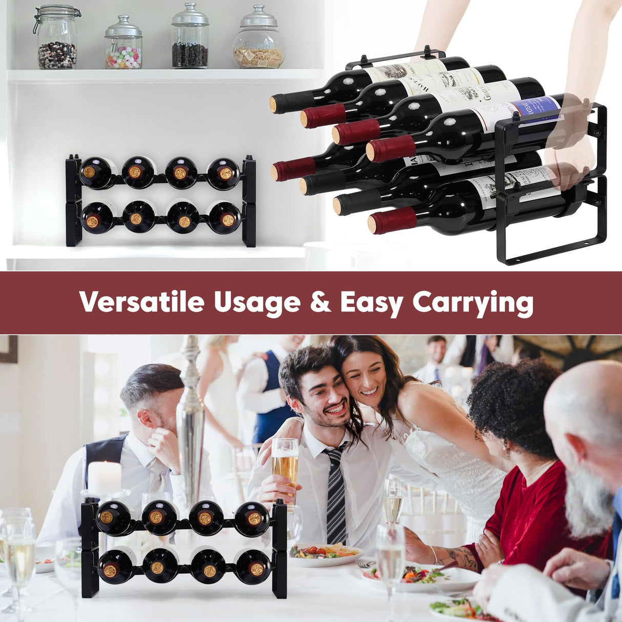 ICOHOT Stackable Wine Rack Countertop, Sturdy Wine Bottle Holder Freestanding for Cabinet, 2 Tier Small Tabletop Wine Holder Stand for Pantry Bar, Wire Wine Bottle Rack Metal Wine Storage Organizers ICOHOT