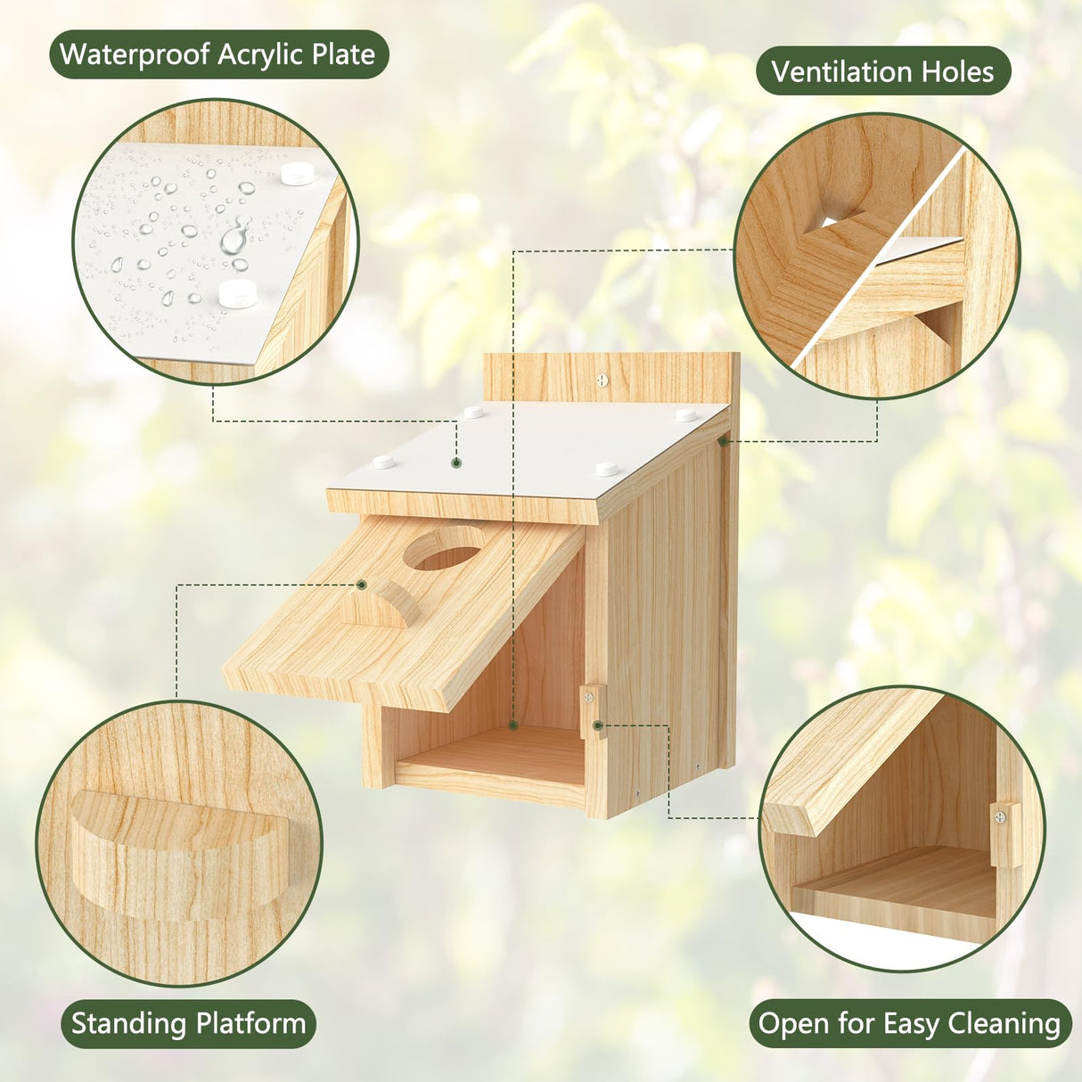 Bird Houses for Outside, Bluebird House with Standing Perch, Hanging Wood Bird House with Waterproof Acrylic Plate for Small Birds Bluebird Finch Swallow Wren Chickadee Assembly Required Chuiendi
