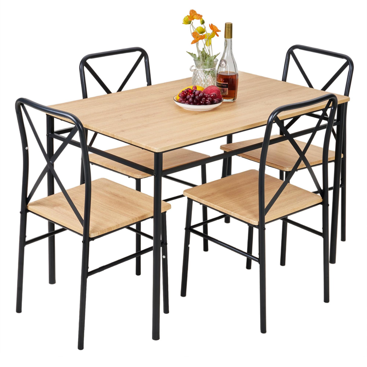 VECELO 5-Piece Kitchen Dining Table Set, Wood Tabletop & Heavy-Duty Metel Frame, Rectangle Dinette with 4 Chairs for Small Space, Breakfast Nook, Natural & Black VECELO