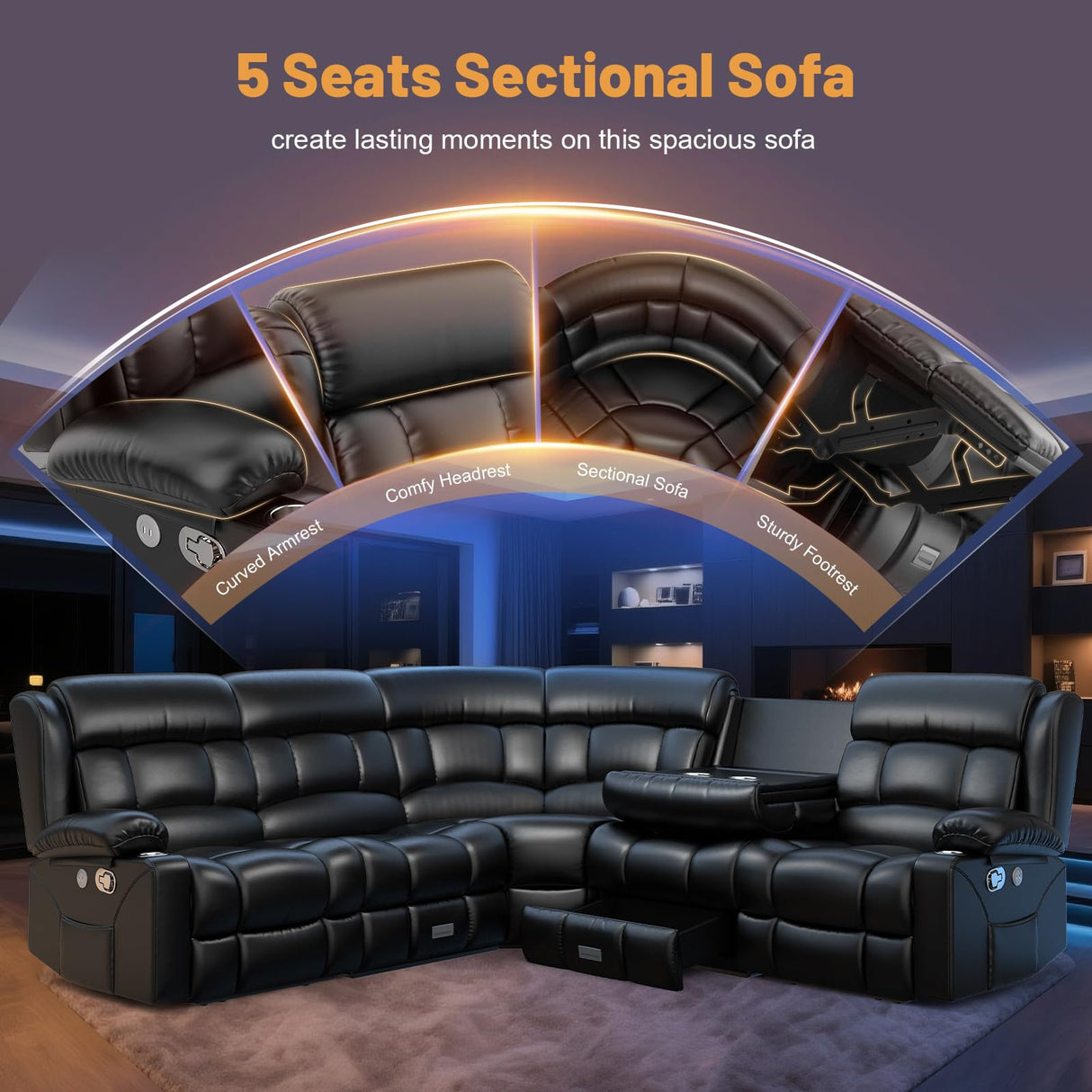 Dresegmt Recliner Sectional Sofa, 5 Seat L-Shaped Manual Reclining with Flip Middle Backrest Design, Large Storage Drawer, USB Ports, Sofa Couch for Home Theater (Black) Dresegmt