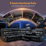 Dresegmt Recliner Sectional Sofa, 5 Seat L-Shaped Manual Reclining with Flip Middle Backrest Design, Large Storage Drawer, USB Ports, Recliner Sofa Couch for Home Theater Seating (Black) Dresegmt
