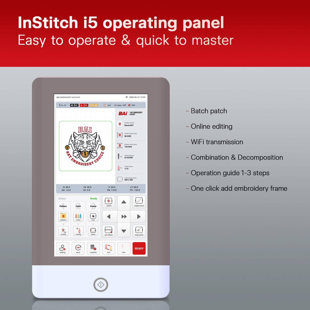 BAi The Mirror Embroidery Machine 20x14" Embroidery Area with 15 Needles,1200spm Max Speed Multi Needle Commercial Embroidery Machine for 3D Hats Clothing,Wifi Available 10" Touch Screen BAi