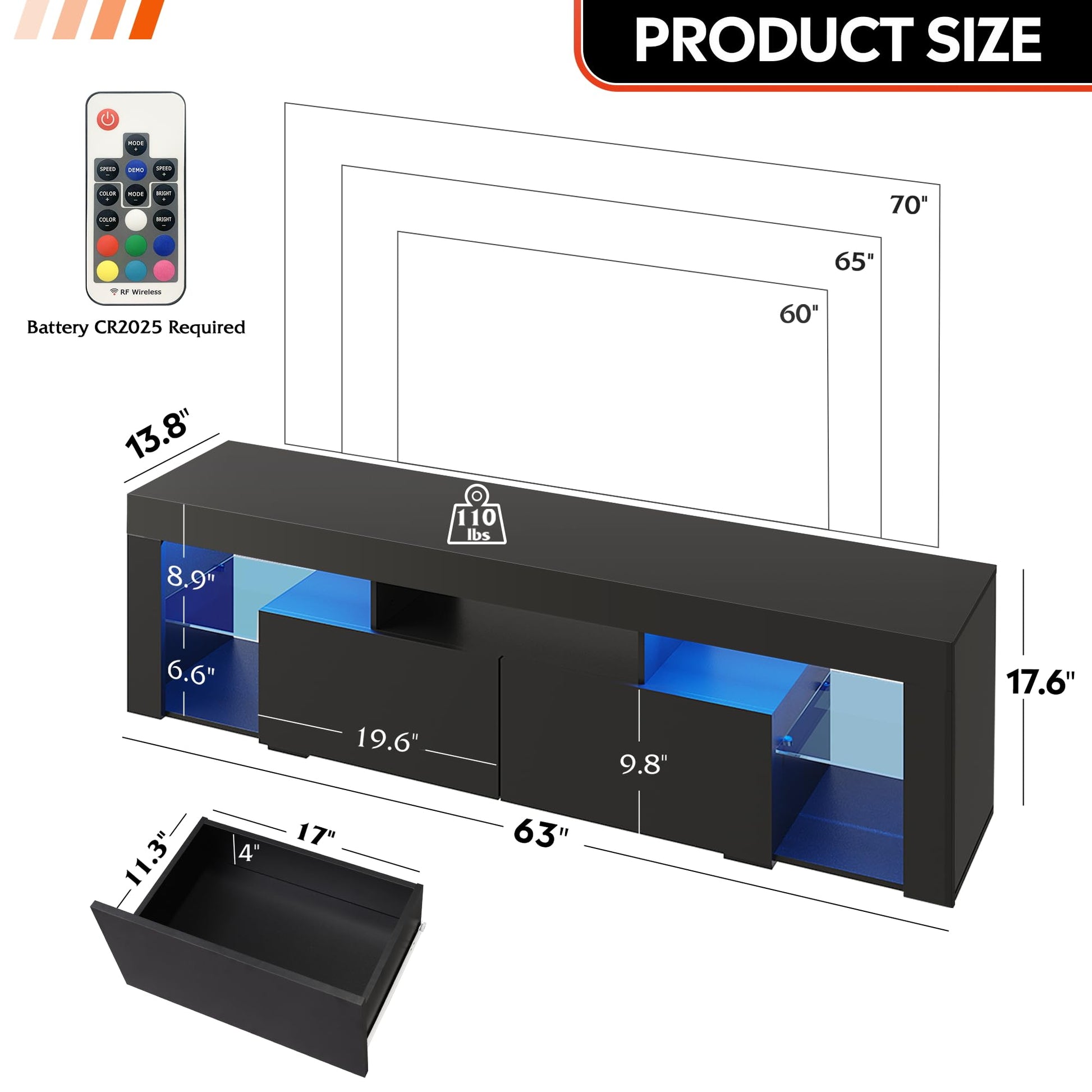 WLIVE 63 Inch TV Stand, LED Entertainment Center for 60 to 70 Inch TV, Modern TV Console with 2 Drawers, TV Stands for Living Room, Black - WoodArtSupply