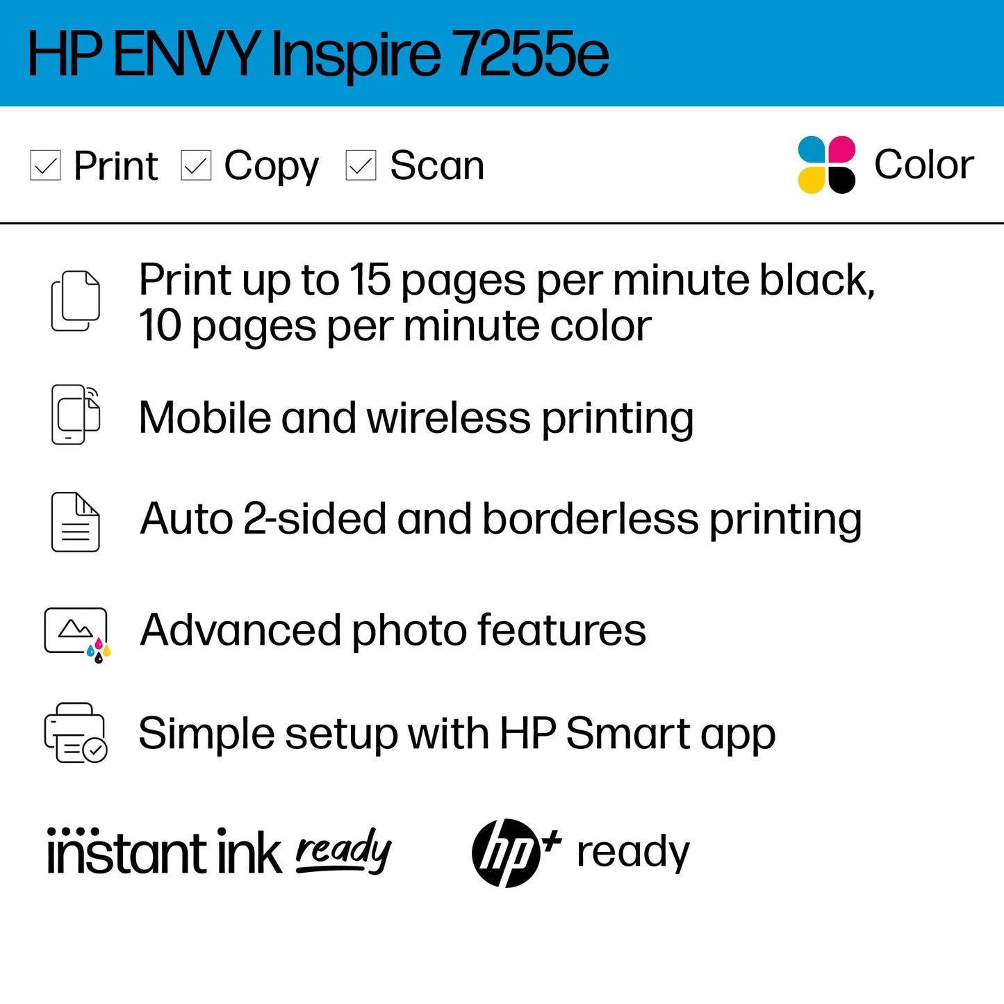 HP ENVY Inspire 7255e Wireless Color Thermal Inkjet Printer, Print, scan, copy, Easy setup,Mobile printing, Best-for-home, Instant Ink with HP+ (3 months included)