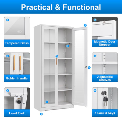 Polup Display Cabinet with Glass Doors, Metal Curio Cabinets with Lock and Shelves, 71''Tall Display Case for Living & Dining Room, Bookcase for Home, Clinic, School (White)- Assemble Required