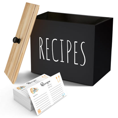 Wooden Recipe Box, Recipes Cards Holder For Counter, Decorative Recipe Card Box Organizer With 6x4 Cards And Dividers, Rustic Wood, Farmhouse Kitchen Decor, Bridal Shower Gifts (black) - WoodArtSupply