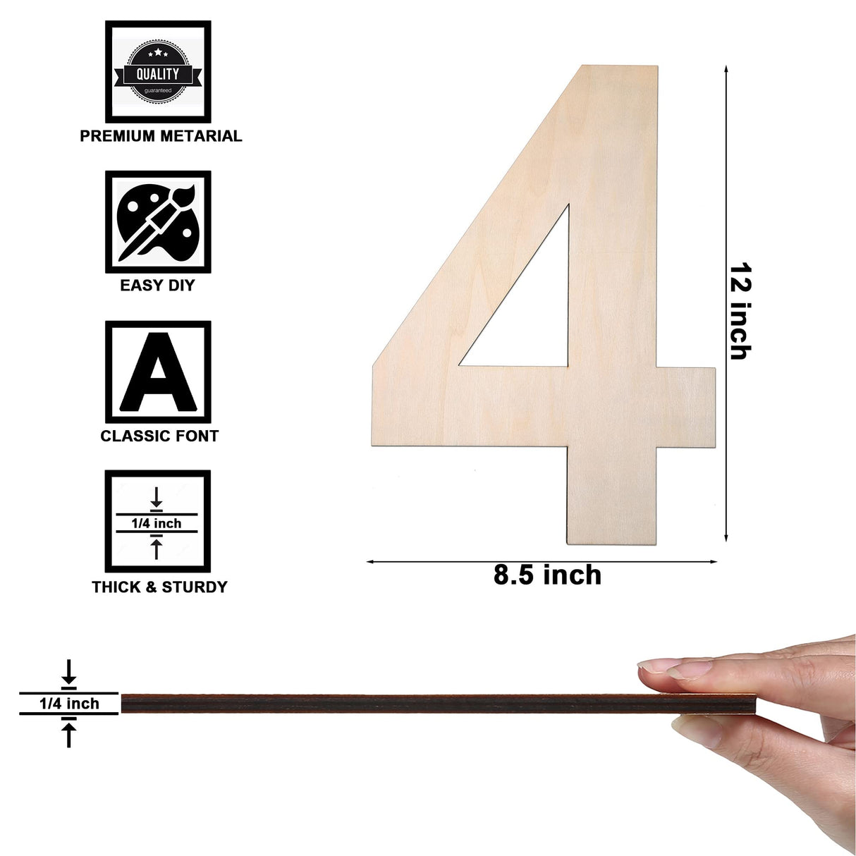 12 Inch Wooden Number 4, 1/4 Inch Thick Large Unfinished Wood Letter for DIY Crafts Home Wall Decor TDOCK