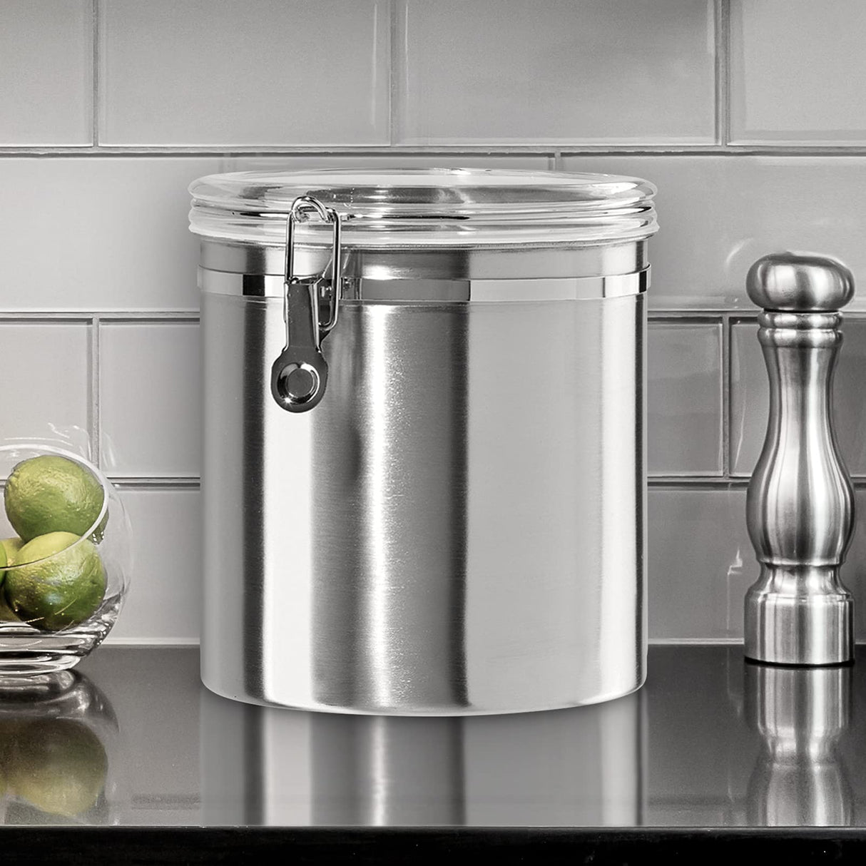 Oggi Stainless Steel Kitchen Canister 152 fl oz - Airtight Clamp Lid, Clear See-Thru Top - Ideal for Kitchen Storage, Food Storage, Pantry Storage. Jumbo Size 8" x 8". Oggi