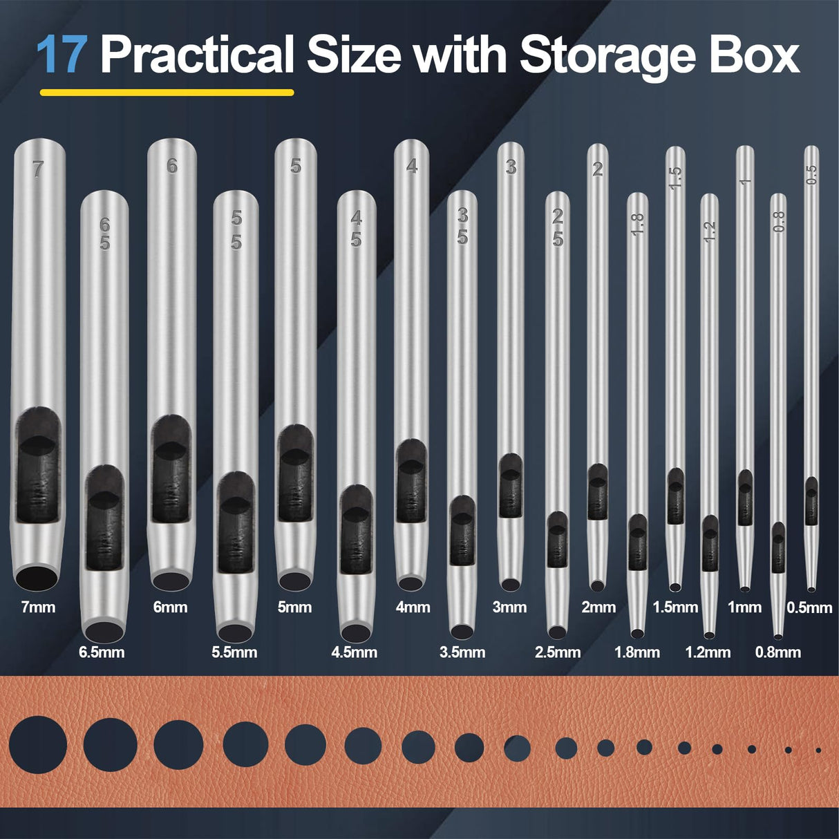 17 Pcs Round Leather Hole Punch Tool 0.5-7mm, Boyistar Metal Hollow Hole Punching for Leather Craft Punch Tools Set Round Hollow Tools for Belts, Watch Band, Paper, Plastic, Leather with Storage Box Boyistar