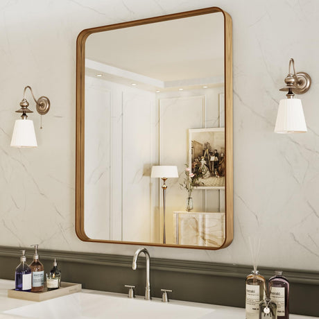 LOAAO 24X36 Inch Bathroom Mirror with Wood Grain Colored Metal Frame, Rounded Rectangle Metal Framed Bathroom Mirror, Anti-Rust, Hangs Horizontally or Vertically LOAAO