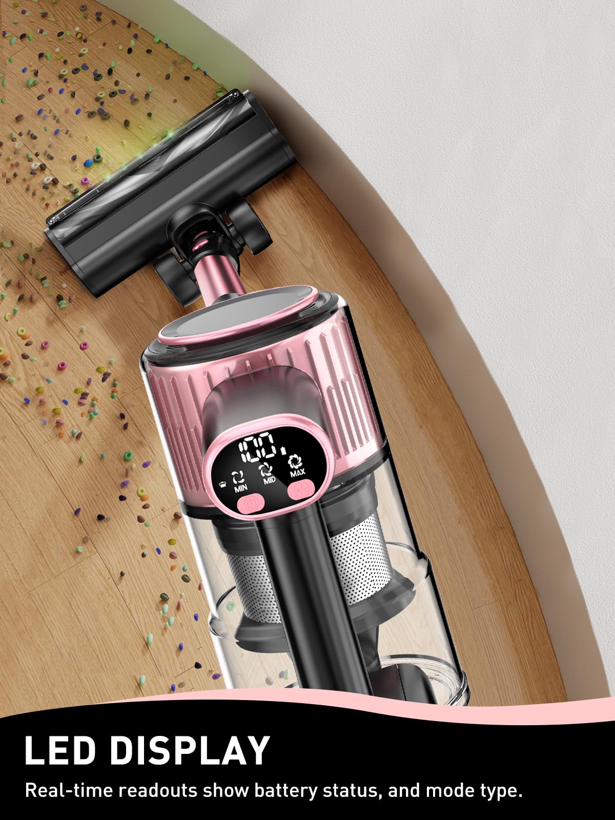 VICEASE Cordless Vacuum Cleaner, 8 in 1 Powerful Suction Lightweight Vacuum Cleaner for Home, LED Display, 3 Suction Modes, 45Mins Detachable Battery Vacuum for Hard Floor Carpet Pet Hair, Pink VICEASE