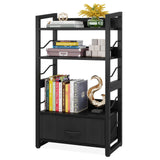 Hosfais Small Bookshelf with Drawer: 4-Tier Wood Book Shelf Industrial Narrow Bookcase Storage Organizer Metal Stackable Shelves for Desktop Bedroom Living Room Home Office (Black) Hosfais