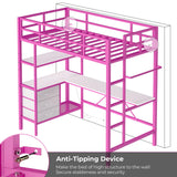 DICTAC Loft Bed Twin Size with L-Shaped Desk, LED Lights and Charging Station Twin Metal Loft Bed Frame with 3 Storage Shelves and 3 Fabric Drawers, Safety Guard & Ladder, No Box Spring Needed, Pink DICTAC