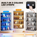 BROTTAR Large Rounded Display Cabinet with Glass Door, 4-Tier Curio Cabinet with 3 Color Lights for Collectibles, Glass Display Case with Transparent Full-Display Surface, Human Body Sensor, Black BROTTAR