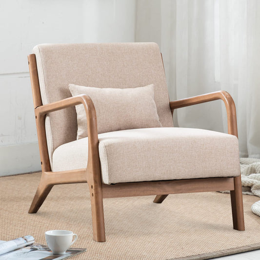 INZOY Mid Century Modern Accent Chair with Wood Frame, Upholstered Living Room Chairs with Waist Cushion, Reading Armchair for Bedroom Sunroom (Beige) - WoodArtSupply