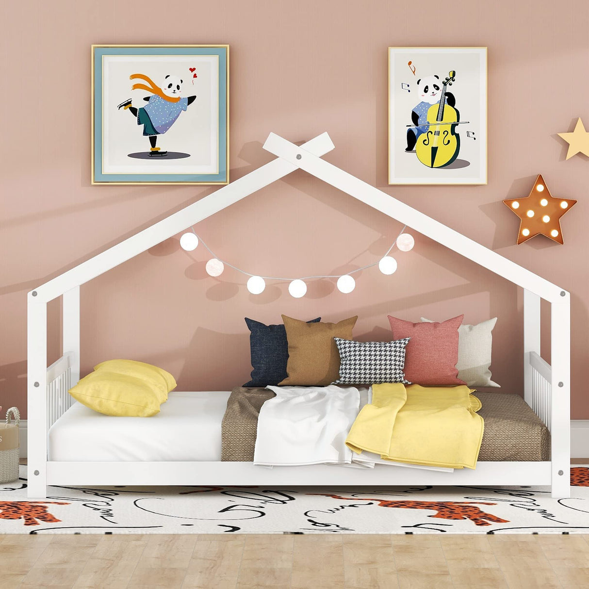 Full House Beds White Montessori Bed Wood Frame Kids Platform Bed with Headboard & Footboard for Children Boys Girls Teens Bellemave