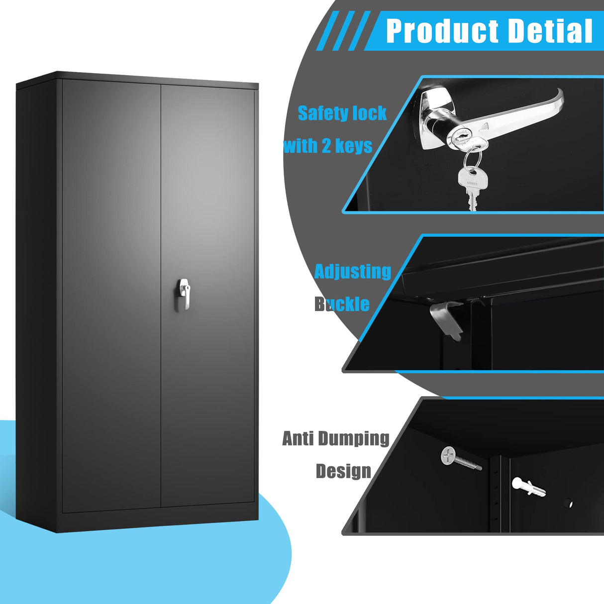 CuisinSmart Metal Storage Cabinet with 2 Doors, Utility Cabinet Locking Garage Cabinet with 5 Adjustable Shelves, 71" Storage Locker for Home, Garage, Office Black CuisinSmart