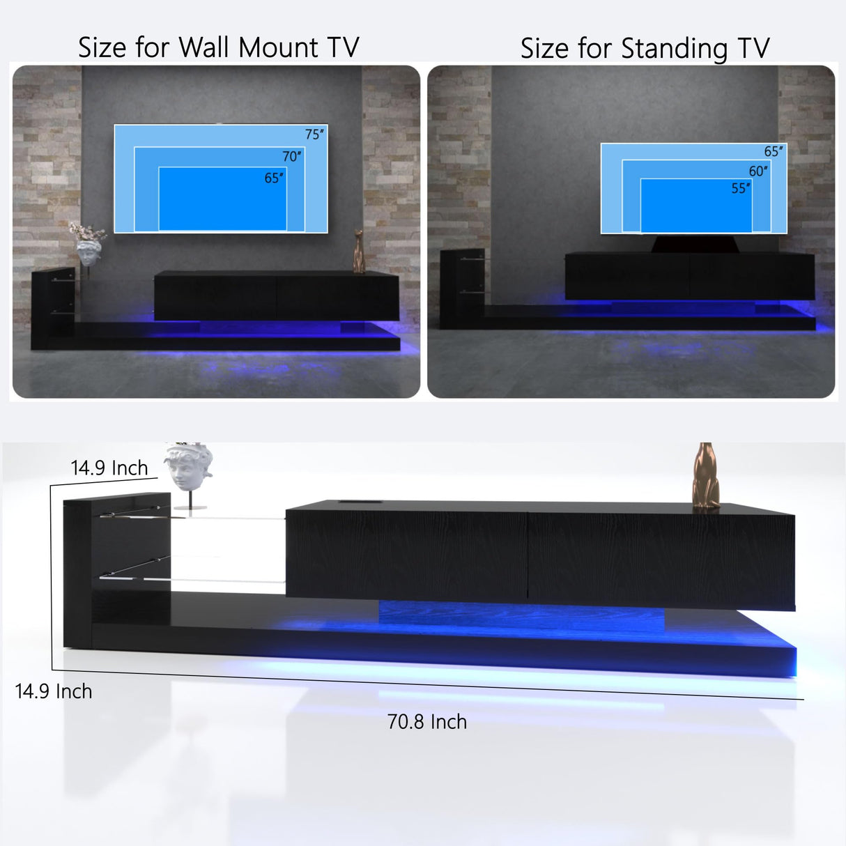 LED TV Stand for 55/65/75 Inch TV, Modern Entertainment Center with 31 Modes Full Color Selection Light String, TV Console with Tempered Glass for Living Room Bedroom, Black Banzeem