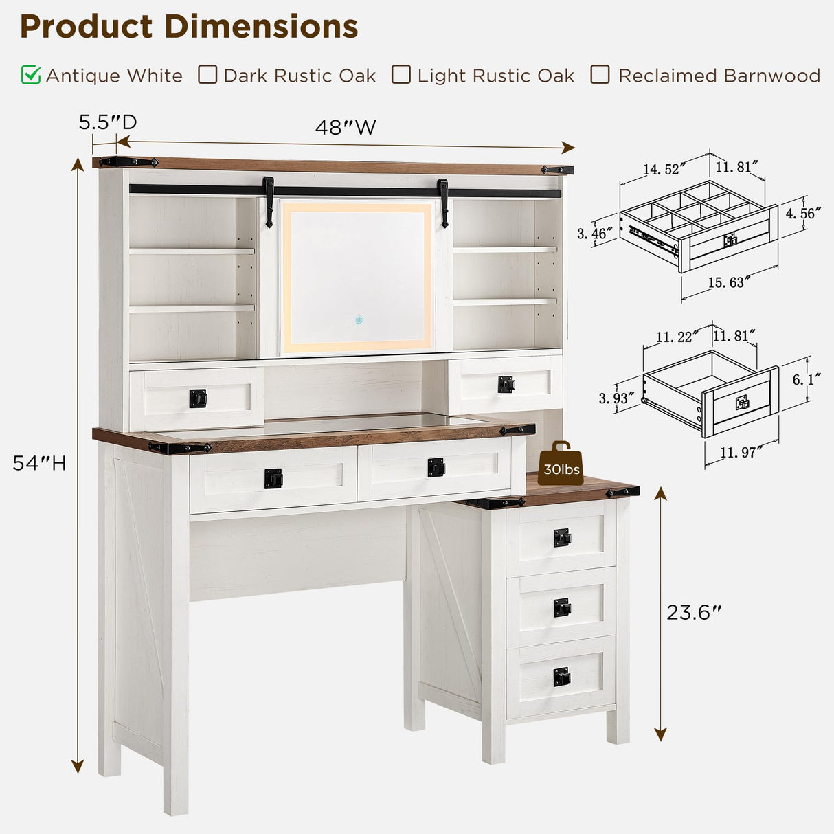 T4TREAM 48'' Farmhouse Makeup Vanity Desk with Sliding HD Mirror and Lights, Big Modern Lighted Vanity Table with 7 Drawers & Shelves, Rustic Large Dressing Table, Antique White T4TREAM