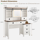 T4TREAM 48'' Farmhouse Makeup Vanity Desk with Sliding HD Mirror and Lights, Big Modern Lighted Vanity Table with 7 Drawers & Shelves, Rustic Large Dressing Table, Antique White T4TREAM