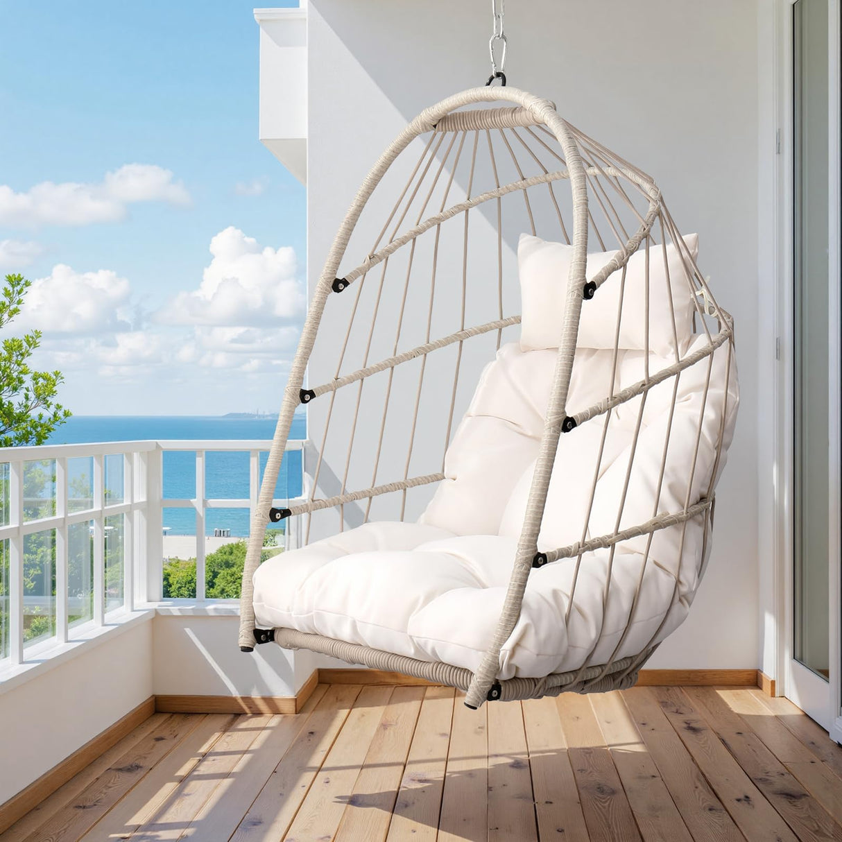 Hanging Egg Chair Without Stand, HDPE Rattan Foldable Swing Chair with Aluminum Frame & UV Resistant Cushion, Hammock Egg Basket for Indoor Outdoor Bedroom Garden, 350Lbs Capacity (Cream White) DAIJIA CHINA